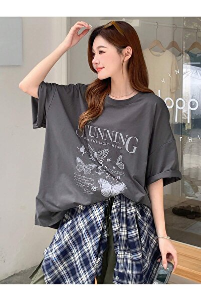 MODARİCH Μπλουζάκι με στάμπα καπνιστού Oversize - Λαιμόκοψη, κοντό μανίκι