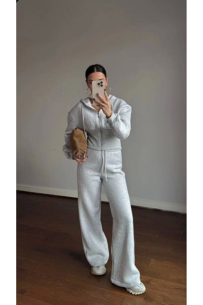 Ecenin Favorileri Gray Zippered Sweat Tracksuit Women's Suit