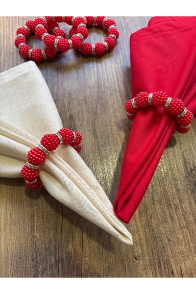 HALFART Kırmızı Böğürtlen Boncuklu Gümüş Detaylı 6 Adet Peçete Yüzükleri