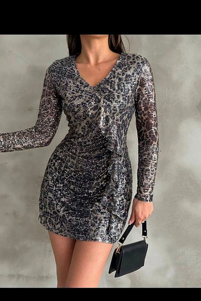 M MODAMARKREAL Women's Leopard Print Sequins Stylish Pencil Dress