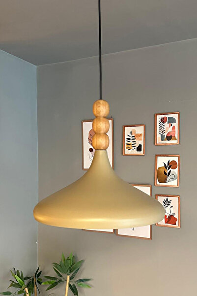 Bamyum Bej Champion Ahşap Boncuklu Tekli Avize Sarkıt Salon Mutfak Butik Lamba Aydınlatma Avizeler