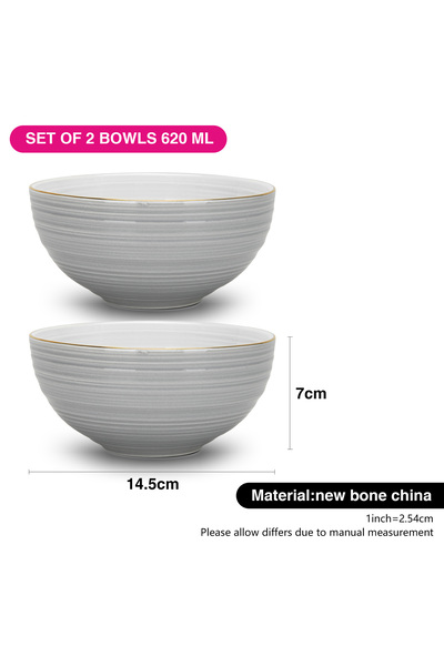 Fissman Soup Bowl 620mL Set of 2, New Bone China Bowls 14.5x7cm Firmina Golden Rim Bowls, Gray