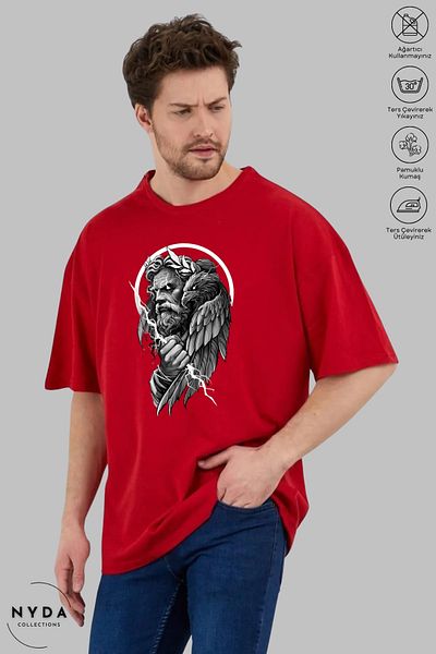 Nyda Collections Unisex Crew Neck Zeus Printed Cotton Oversize Short Sleeve T-Shirt