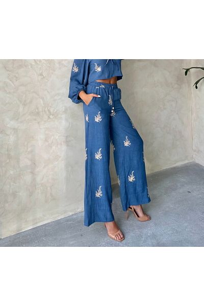 TOPSHOW Embroidery Detailed Wide Leg Linen Trousers
