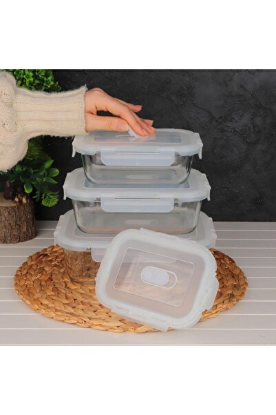 Sembol Freshlock Vakumlu Kilitli Borosilikat Cam 3'lü Dikdörtgen 600-1000-1500 ml Cam Saklama Kabı Beyaz