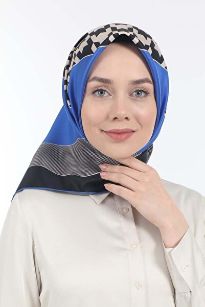 Levidor Twill Ipek Eşarp Siyah, Mavi, Kaz Ayağı Desenli