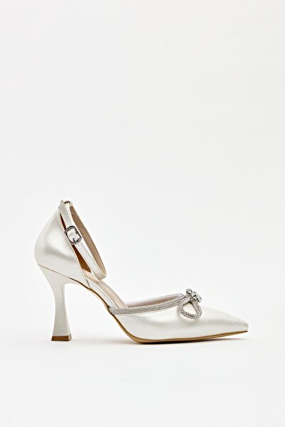 Hayati Arman Women's Mustache Bow Stone Detailed Evening Dress Shoes White Sedef