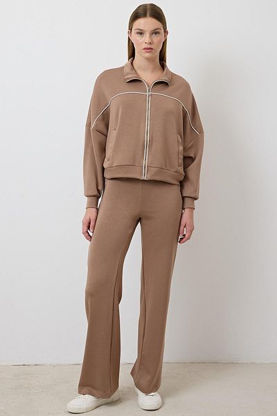 LEVURE Women's Wide Leg Trousers with Piping Detail - Light Brown