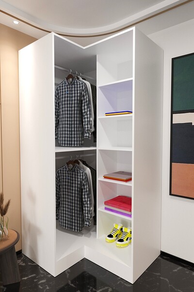 Mercie 100x115 Cm'lik Köşe 6 Raflı 2 Askılıklı Giyinme Dolap-beyaz