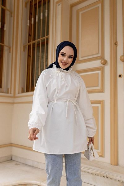 LOCCO تونيك أبيض - نسائي، طية صدر السترة برباط وخصر