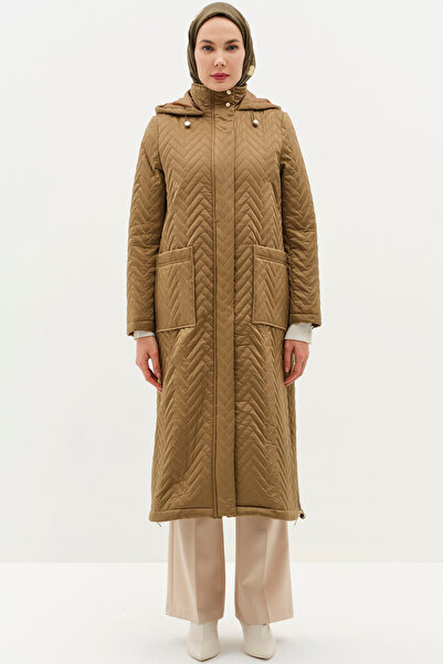 Tuğba Fermuar Yırtmaçlı Kapitone Kaban - Olive