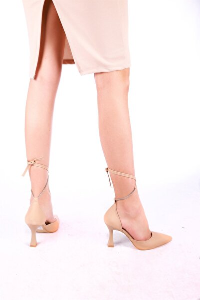Hayati Arman Women's Stone Detailed Top Tie Evening Dress Shoes Beige