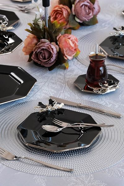 Glore Dolmabahce Octagonal Black Platinum Gilded 6-Person 25-Piece Cake Tea Treat Set