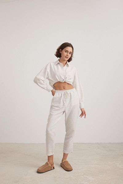 LEVURE Stone Colored Linen Loose Waist Elastic Trousers