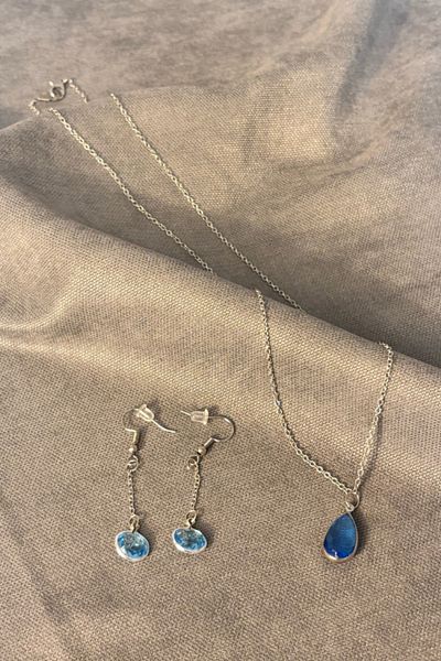 Uretti - Tuğba 9352 Blue Bead and Chain Detailed Jewelry Set