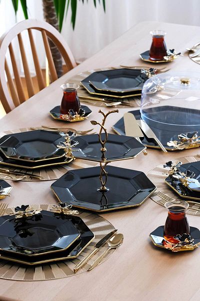 Glore Dolmabahçe Octagonal Black Gold Gilt 6-Person 33 Piece Cake Tea Serving Catering Set