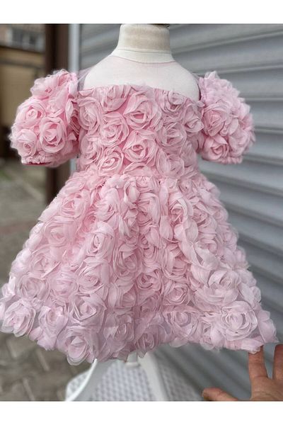 Sare Çocuk Giyim Baby Girl Pink Rose Motif Special Occasion Kids Birthday Evening Dress