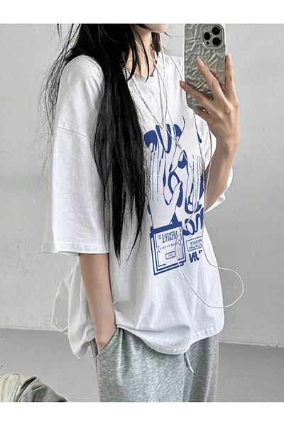 MODARİCH Λευκό μπλουζάκι με στάμπα Oversize - Fun Design, Crew Neck, Κοντό μανίκι
