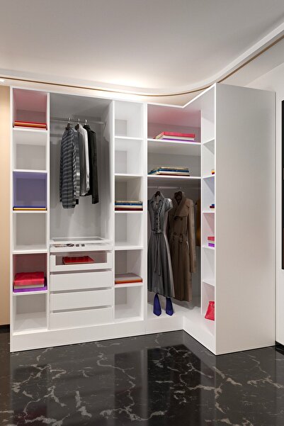 Mercie 220x115 Cm'lik Köşe 20 Raflı 5 Çekmeceli  2 Askılıklı Giyinme Dolap-BEYAZ