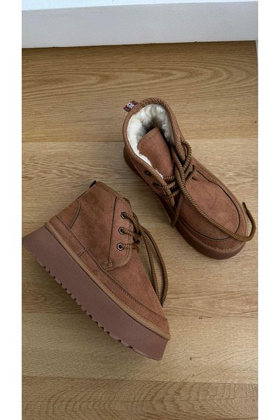 Eataly Shoes Cizme de iarnă cu talpă înaltă, culoare bronzată, cu șireturi