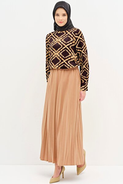 Tuğba Beli Lastikli Suni Deri Plisoley Etek - Camel