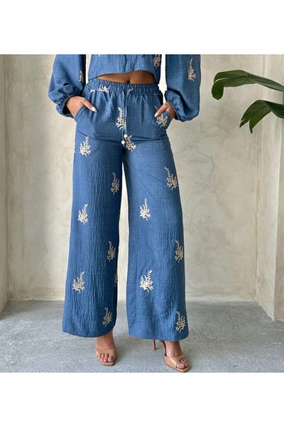 TOPSHOW Embroidery Detailed Wide Leg Linen Trousers