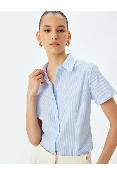 Koton Classic collar striped short sleeve poplin shirt.