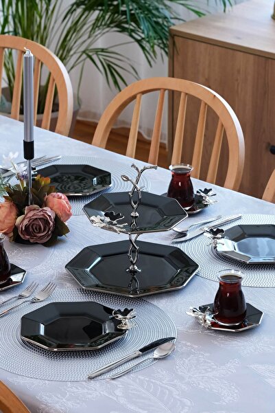 Glore Dolmabahçe Sekizgen Siyah Platin Yaldızlı 6 Kişilik 25 Parça Pasta Çay Ikram Takımı