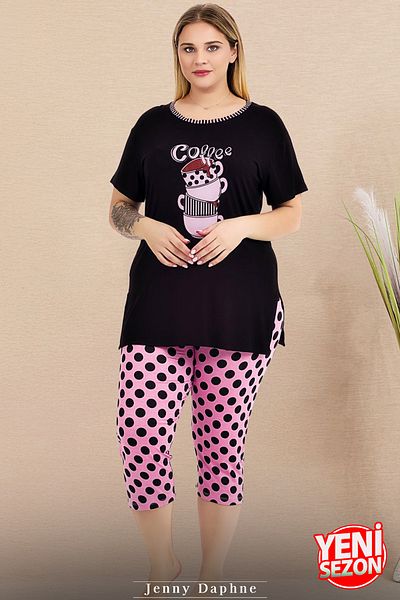 Jenny Daphne Lady Plus Size Polka Dot Short Sleeve Capri Pajama Suit 10723