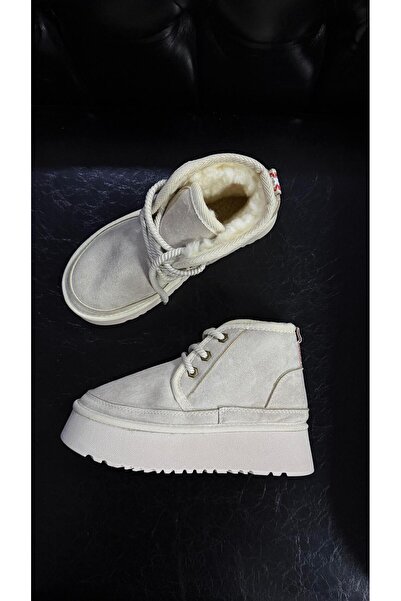 Eataly Shoes Yüksek Taban Bej Rengi Bağlamalı İçi Tüylü Kışlık Bot