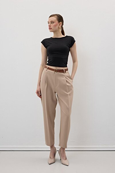 LEVURE Hürrem Kumaş Beli Kemerli Kumaş Pantolon AÇIK KAHVE