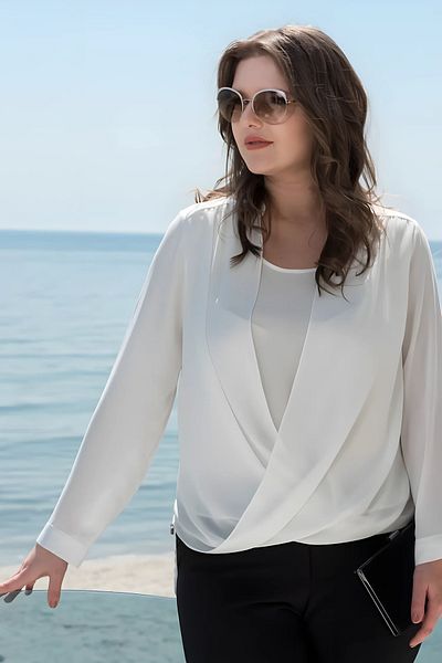 Hanezza Tesatura Jesica Marime Plus - Guler Dublu, Culoare Ecru, Bluza Maneca Lunga