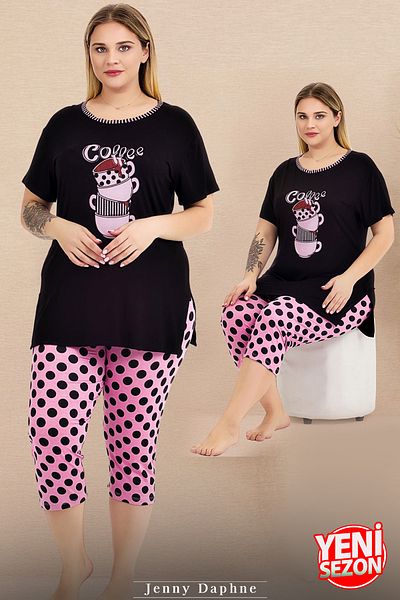 Jenny Daphne Lady Plus Size Polka Dot Short Sleeve Capri Pajama Suit 10723