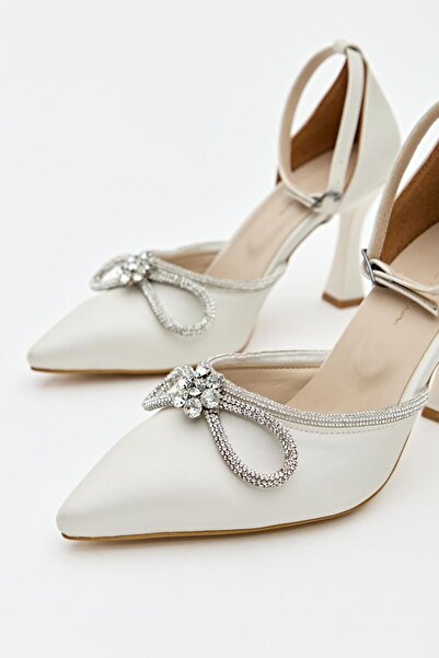 Hayati Arman Women's Mustache Bow Stone Detailed Evening Dress Shoes White Satin