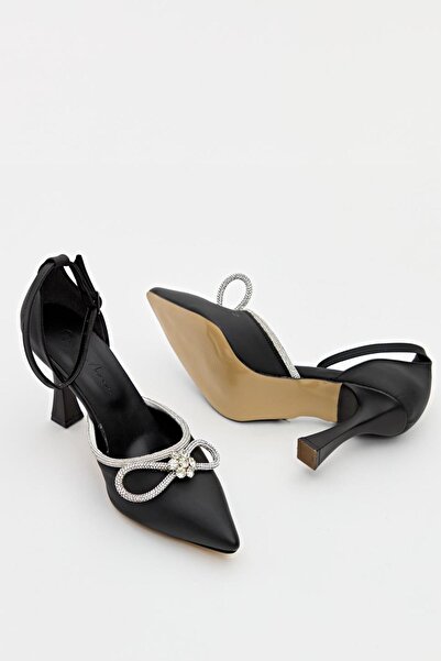 Hayati Arman Women's Mustache Bow Stone Detailed Evening Dress Shoes Black Satin