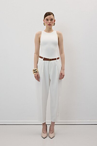 LEVURE Ecru Color Hürrem Fabric - Waist Belt Detailed Trousers