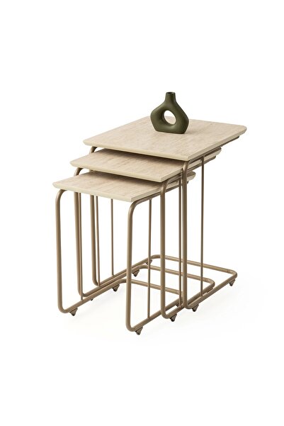 Evistro Dikdörtgen Ahşap Mermer Desenli 3 lü Zigon Sehpa Metal Ayaklı Sidon