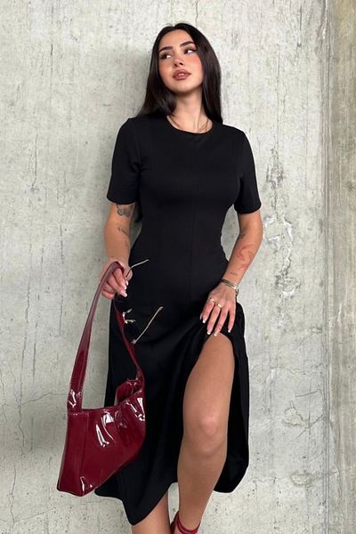 Ded COLLECTION Rochie de damă cu mânecă scurtă, cu fustă clopot, lungime midi, din țesătură modal