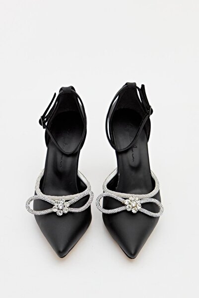 Hayati Arman Women's Mustache Bow Stone Detailed Evening Dress Shoes Black Satin