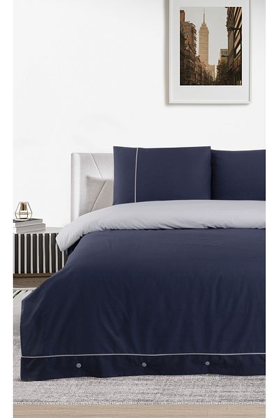 Pierre Cardin Navy Blue-Grey Single Cotton Duvet Cover Set - Ribbed