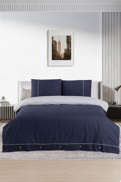Pierre Cardin Navy Blue-Grey Single Cotton Duvet Cover Set - Ribbed