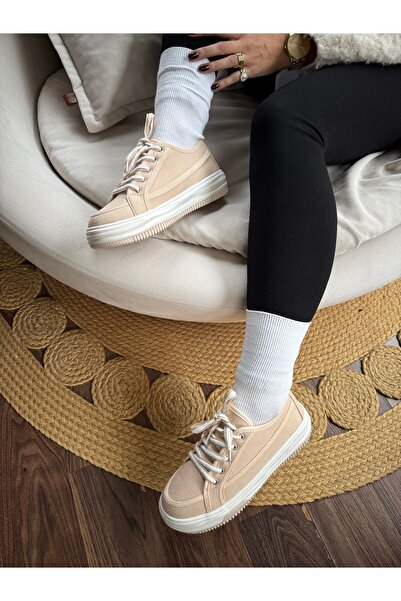 İnan Ayakkabı Kadın Bej Yüksek Taban Sneaker 1. Kalite Keten Kumaş Bağcıklı Spor Ayakkabı (taban 4 Cm )