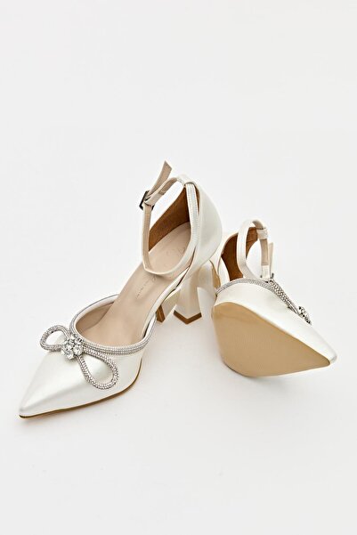 Hayati Arman Women's Mustache Bow Stone Detailed Evening Dress Shoes White Sedef