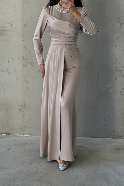 LEYUZE BUTİK Pearl Detail Sweep Train Satin Hijab Evening Dress