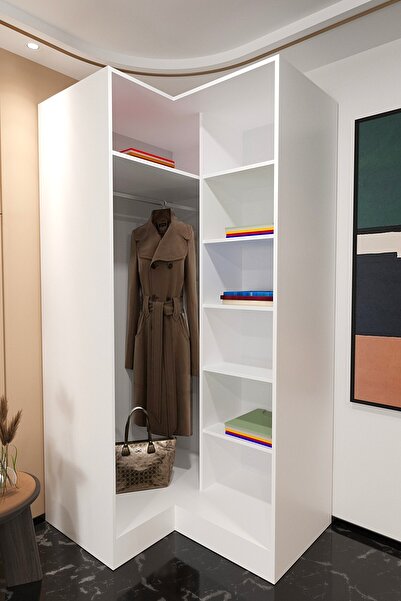 Mercie 100x115 Cm'lik Köşe 7 Raflı Askılıklı Giyinme Dolap-beyaz