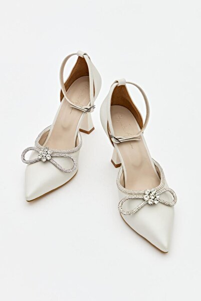 Hayati Arman Women's Mustache Bow Stone Detailed Evening Dress Shoes White Satin