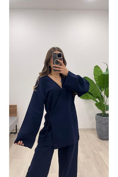Nazline Women's Side-Tie Muslim Fabric Waist Elastic Loose Leg Pants Suit