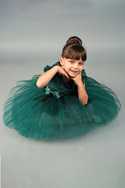 Delfini kids Ponpon Kollu  Tüllü Parti Ve Doğum Günü abiye Elbise