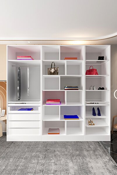 Mercie 240 Cm'lik 5 Cam Raflı 2 Takılıklı 4 Çekmeceli 13 Raflı Askılıklı Ayakkabılıklı Giyinme Dolap-BEYAZ