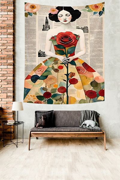 on the clouds Vintage Floral Print Girl Nostalgic Tapestry - Art Stain-Proof Fabric Wall Cover